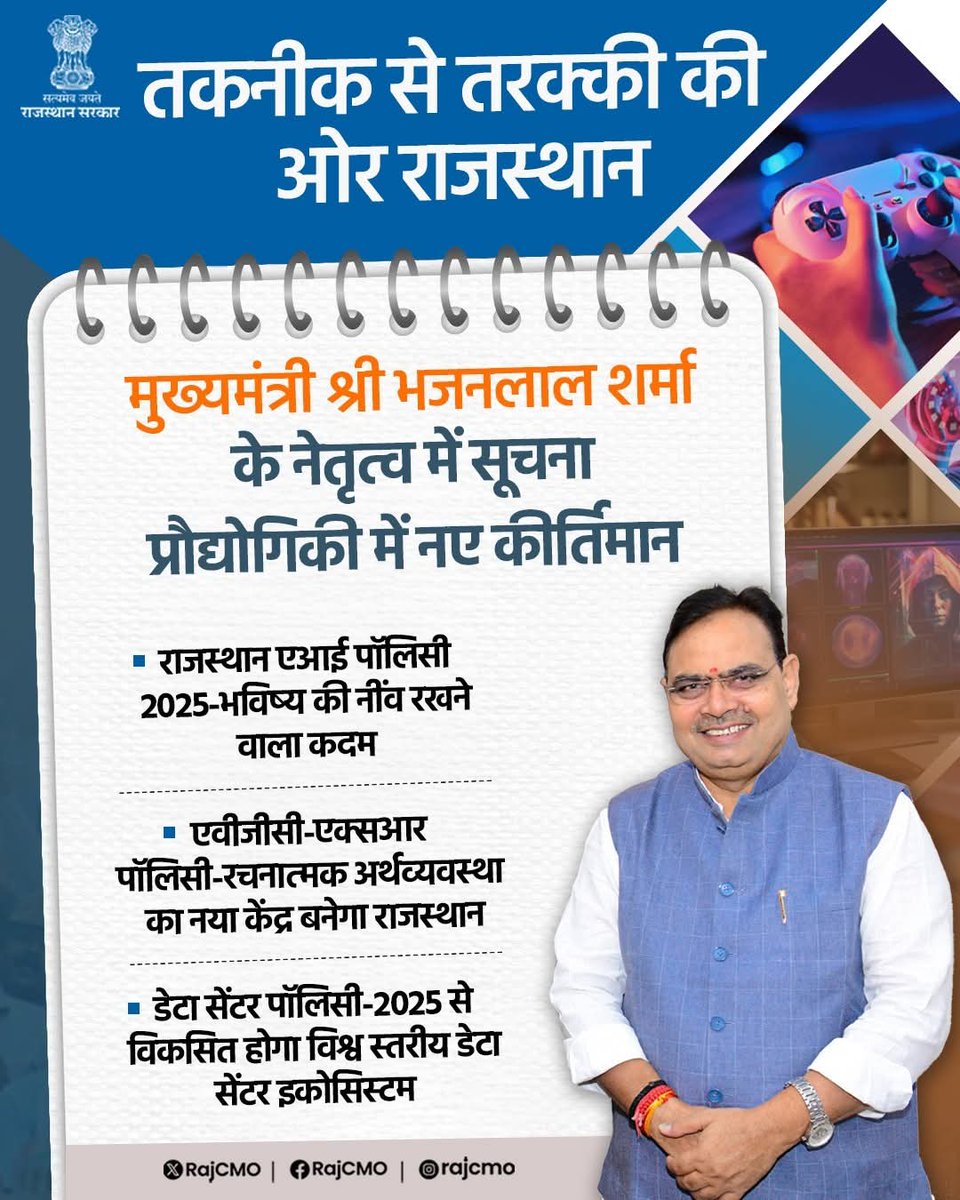 Gordhan Verma (@gordhanvermabjp) on Twitter photo मुख्यमंत्री श्री <a href="/BhajanlalBjp/">Bhajanlal Sharma</a> के कुशल नेतृत्व में राज्य सरकार, सूचना प्रौद्योगिकी और संचार के क्षेत्र में नित नए आयाम गढ़ रही है। सरकार की प्रगतिशील नीतियों और नवाचारों को प्रोत्साहन देने की प्रतिबद्धता ने राज्य को तकनीकी प्रगति के मानचित्र पर ऊंचा स्थान दिलाया है। मुख्यमंत्री श्री <a href="/BhajanlalBjp/">Bhajanlal Sharma</a> के कुशल नेतृत्व में राज्य सरकार, सूचना प्रौद्योगिकी और संचार के क्षेत्र में नित नए आयाम गढ़ रही है। सरकार की प्रगतिशील नीतियों और नवाचारों को प्रोत्साहन देने की प्रतिबद्धता ने राज्य को तकनीकी प्रगति के मानचित्र पर ऊंचा स्थान दिलाया है।
