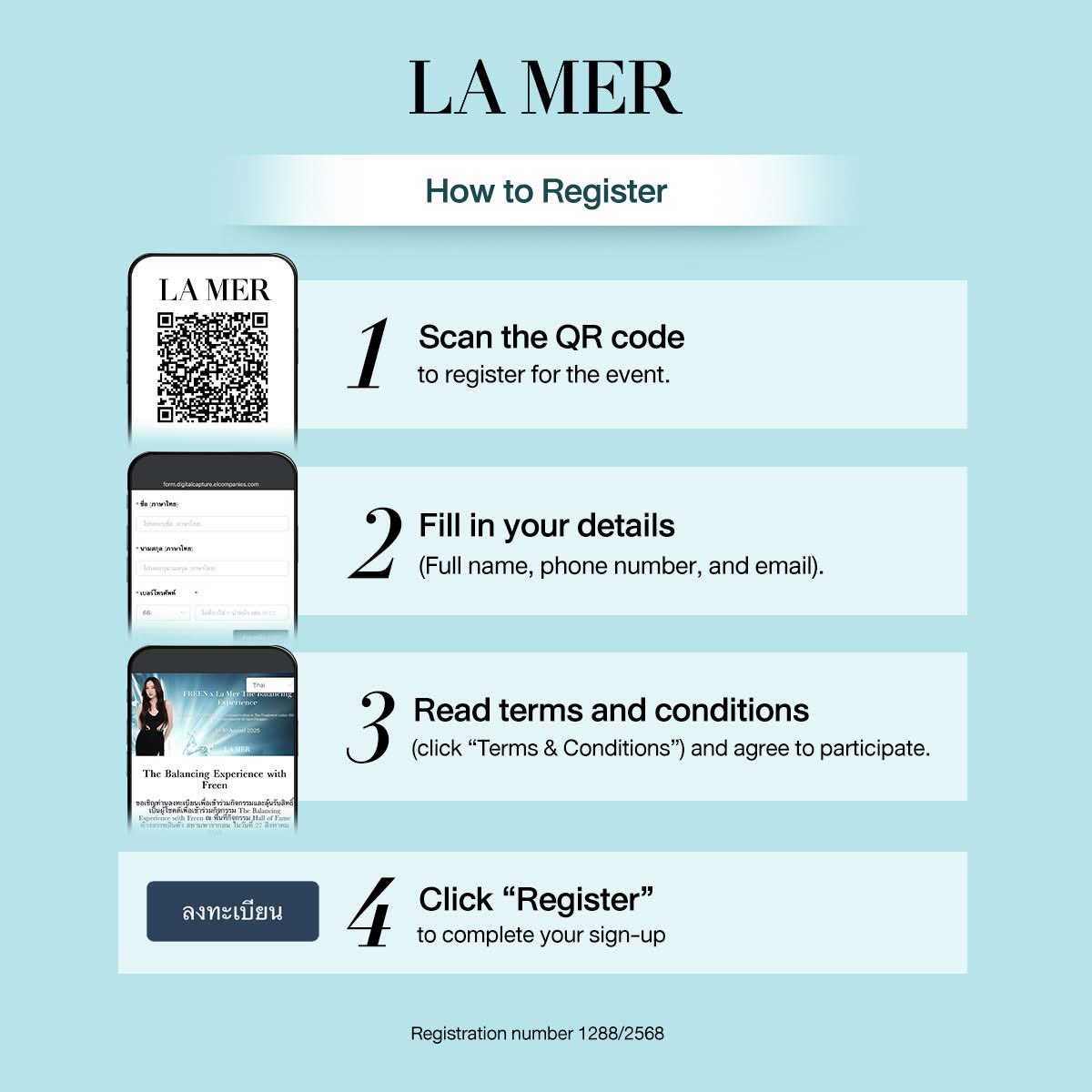 ก๊อกๆๆ งานมาอีกแล้วค่ะทุกคน Freen x LA MER 

✨The Balancing Experience with Freen
La Mer Lucky Fan with Freen ✨

🗓 Purchase period: 1 – 10 August 2025
✨ Lucky draw: 18 August 2025
🏆 Winner announcement: 20 August 2025 on Facebook Fan Page: La Mer 
📍 Event date: 27 August