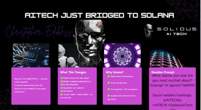 Cryptogateway01's tweet image. $AITECH just bridged to Solana 🚀
Big move from @AITECHio — and it’s not just about tech.
This unlocks serious speed, lower fees, and access to one of the most active ecosystems in Web3.

Here’s the breakdown 🧵👇
#AITECH #SolidusAiTech #AIxCrypto