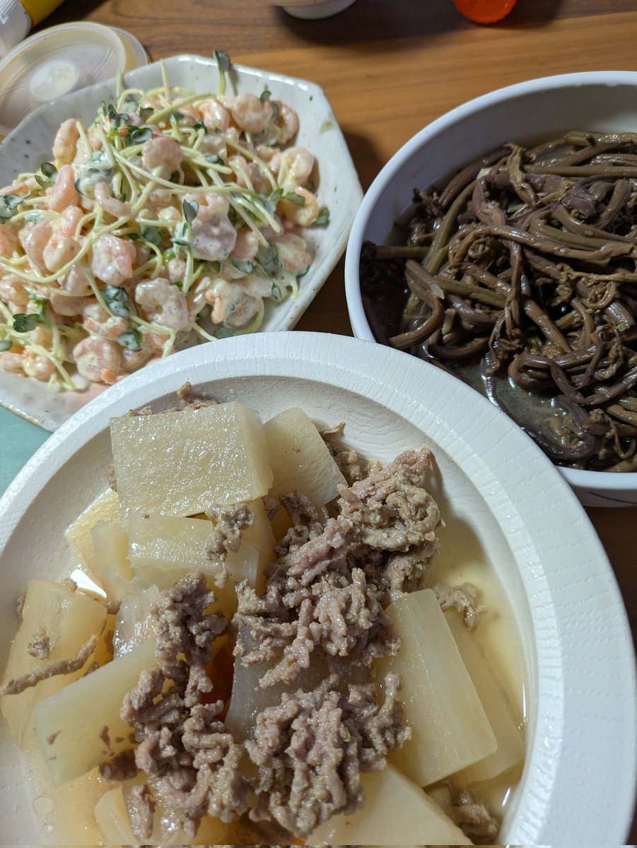 50leeleee's tweet photo. 大根の煮物、むきえびとかいわれのサラダ、わらびのナムル！
肉が無いのは、息子がいないから😆
今日も美味しくいただきました！
ごちそう様でした！
そして一日、お疲れ様でした！

#おかず #夕飯 https://t.co/cRf2PzTx1T