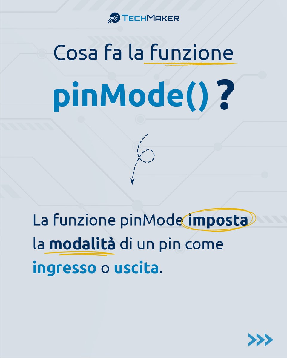 TechMakerIT's tweet image. A cosa serve la funzione pinMode()? 👀
🎯 La funzione pinMode imposta la modalità di un pin come ingresso o uscita.
#TechMaker - Libera la tua #VogliaDiCostruire 
#arduino #elettronica #sketch #codice #programmazione #diy