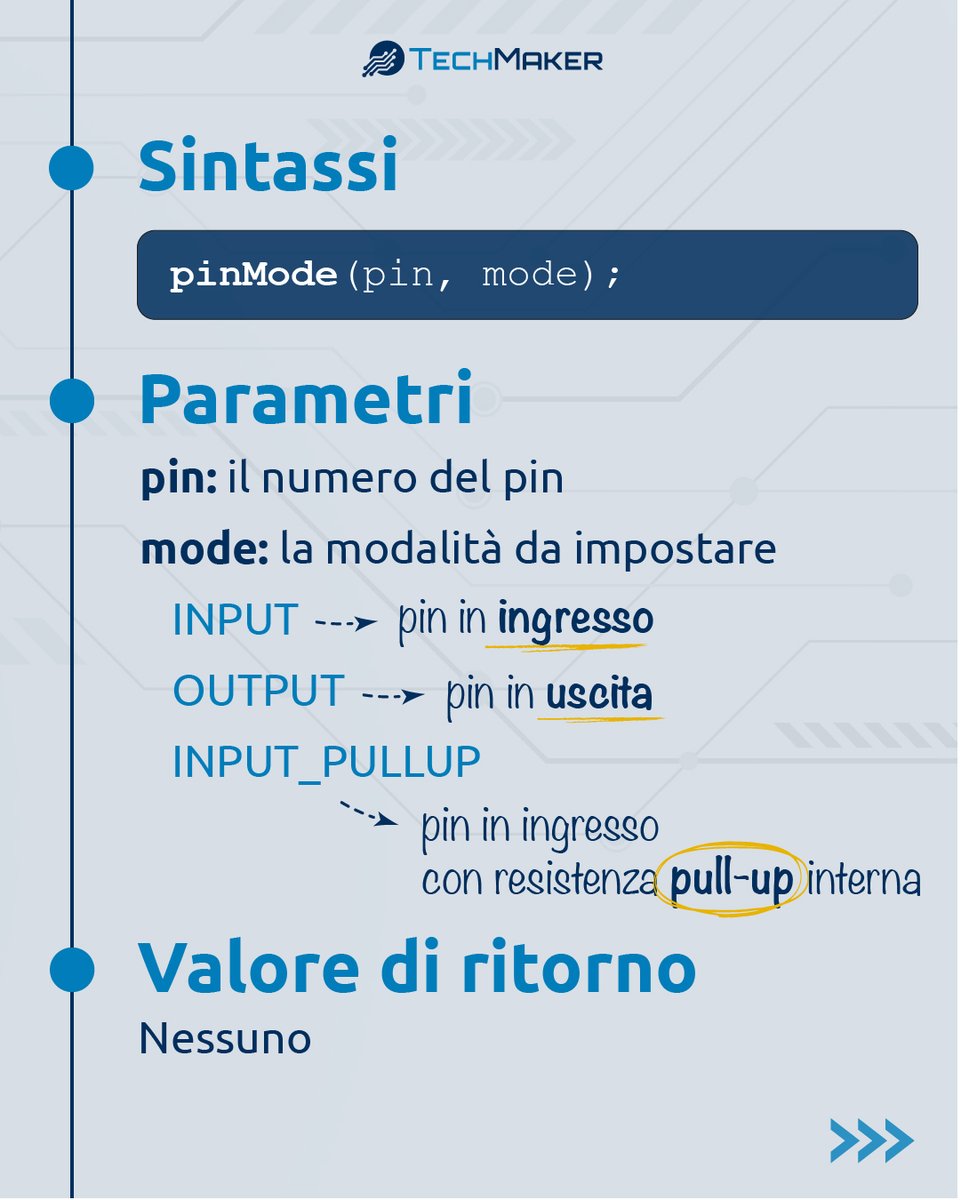 TechMakerIT's tweet image. A cosa serve la funzione pinMode()? 👀
🎯 La funzione pinMode imposta la modalità di un pin come ingresso o uscita.
#TechMaker - Libera la tua #VogliaDiCostruire 
#arduino #elettronica #sketch #codice #programmazione #diy