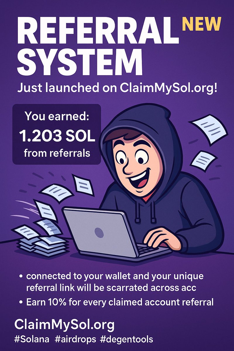 claimmysol's tweet photo. 🚨 NEW REFERRAL SYSTEM JUST DROPPED

Connect your wallet on https://t.co/hTXzcNIHbz
Get your personal ref link instantly
Earn 10% for every closed account from your referrals 💸
Time to farm SOL like a degen 😈
👉 https://t.co/C0F4b5tpLj
#Solana #airdrops #degentools https://t.co/140ykJ7t7d