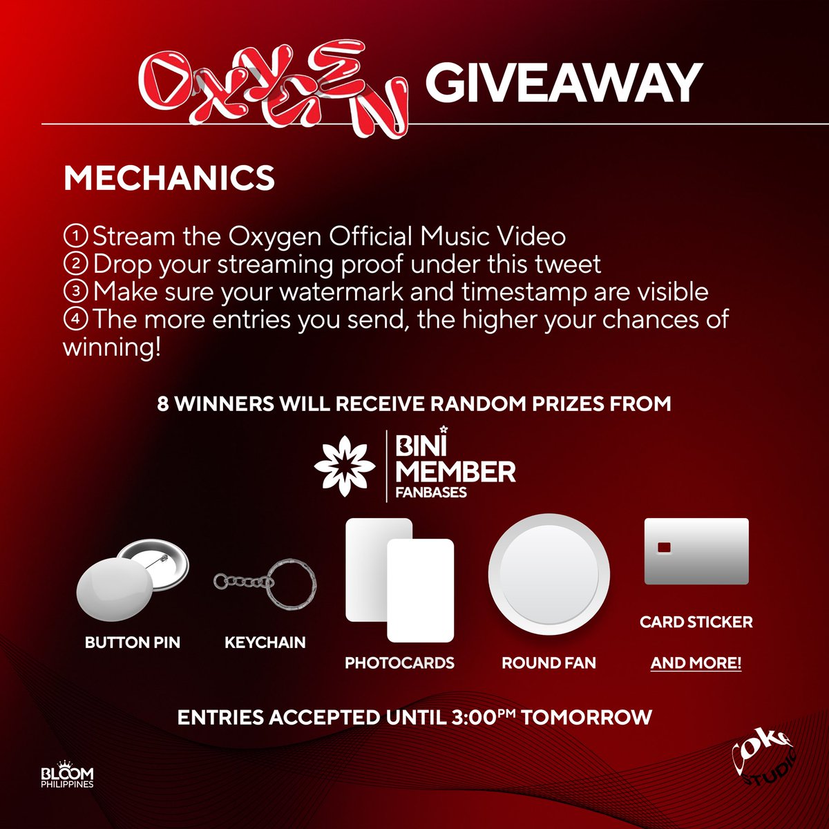 TEAMBLOOMPH's tweet photo. 📣GIVEAWAY ALERT📣

🚨OXYGEN MV STREAMING GIVEAWAYS 

Check out the mechanics below! This is open until 3PM tomorrow! Let’s go Blooms! 

BINIxOFY OxygenMV OutNow 

#CokeStudioPHSeason9 
#CS9Oxygen #BINIxCokeStudio  
#BINI https://t.co/Blo7bPIlS7