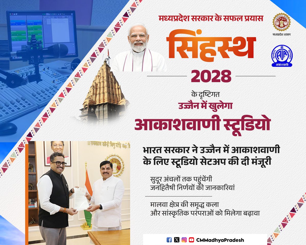 Chief Minister, MP (@cmmadhyapradesh) on Twitter photo рдордзреНрдпрдкреНрд░рджреЗрд╢ рд╕рд░рдХрд╛рд░ рдХреЗ рд╕рдлрд▓ рдкреНрд░рдпрд╛рд╕
рдЙрдЬреНрдЬреИрди рдореЗрдВ рдЦреБрд▓реЗрдЧрд╛ рдЖрдХрд╛рд╢рд╡рд╛рдгреА рд╕реНрдЯреВрдбрд┐рдпреЛ
рднрд╛рд░рдд рд╕рд░рдХрд╛рд░ рдиреЗ рдЙрдЬреНрдЬреИрди рдореЗрдВ рдЖрдХрд╛рд╢рд╡рд╛рдгреА рдХреЗ рд▓рд┐рдП рд╕реНрдЯреВрдбрд┐рдпреЛ рд╕реЗрдЯрдЕрдк рдХреА рджреА рдордВрдЬреВрд░реА
<a href="/DrMohanYadav51/">Dr Mohan Yadav</a> #CMMadhyaPradesh #MadhyaPradesh рдордзреНрдпрдкреНрд░рджреЗрд╢ рд╕рд░рдХрд╛рд░ рдХреЗ рд╕рдлрд▓ рдкреНрд░рдпрд╛рд╕
рдЙрдЬреНрдЬреИрди рдореЗрдВ рдЦреБрд▓реЗрдЧрд╛ рдЖрдХрд╛рд╢рд╡рд╛рдгреА рд╕реНрдЯреВрдбрд┐рдпреЛ
рднрд╛рд░рдд рд╕рд░рдХрд╛рд░ рдиреЗ рдЙрдЬреНрдЬреИрди рдореЗрдВ рдЖрдХрд╛рд╢рд╡рд╛рдгреА рдХреЗ рд▓рд┐рдП рд╕реНрдЯреВрдбрд┐рдпреЛ рд╕реЗрдЯрдЕрдк рдХреА рджреА рдордВрдЬреВрд░реА
<a href="/DrMohanYadav51/">Dr Mohan Yadav</a> #CMMadhyaPradesh #MadhyaPradesh