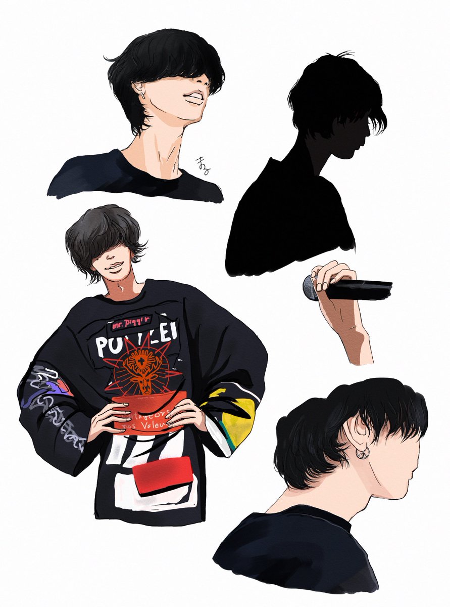 このアングル顎から首のラインが美しいし髪の毛はねてるとこ可愛い。後頭部と首と背中のシルエットが美しい。マイクの持ち方好きだし指とマイクの間に隙間があるの萌え。襟足可愛い好き。斜め後ろから見るほっぺとお口がキュート。ウエスト細！ウエスト細！全て好きすぎる

#米津玄師
#ファンアート