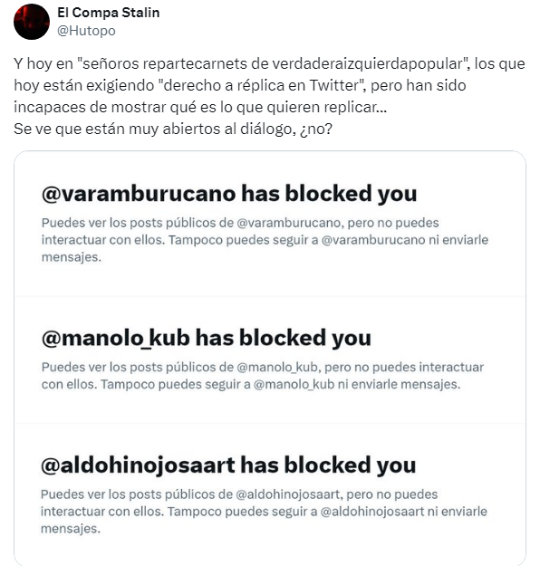 El Compa Stalin (@hutopo) on Twitter photo Hoy en "Señoros Repartecarnets":
El "dotor" <a href="/varamburucano/">Víctor Aramburu💪🏾 ☭🇵🇸</a> le cree a <a href="/ferbelaunzaran/">Fernando Belaunzarán</a>, utiliza "Woke" como Musk, "pagafantas" como "insulto", retuitea a machitos que "denuncian" el "femsplaining" (como el "racismo inverso" de <a href="/pablo_majluf/">Pablo Majluf</a>).
Pero no se lo señalen, que bloquea. Hoy en "Señoros Repartecarnets":
El "dotor" <a href="/varamburucano/">Víctor Aramburu💪🏾 ☭🇵🇸</a> le cree a <a href="/ferbelaunzaran/">Fernando Belaunzarán</a>, utiliza "Woke" como Musk, "pagafantas" como "insulto", retuitea a machitos que "denuncian" el "femsplaining" (como el "racismo inverso" de <a href="/pablo_majluf/">Pablo Majluf</a>).
Pero no se lo señalen, que bloquea.