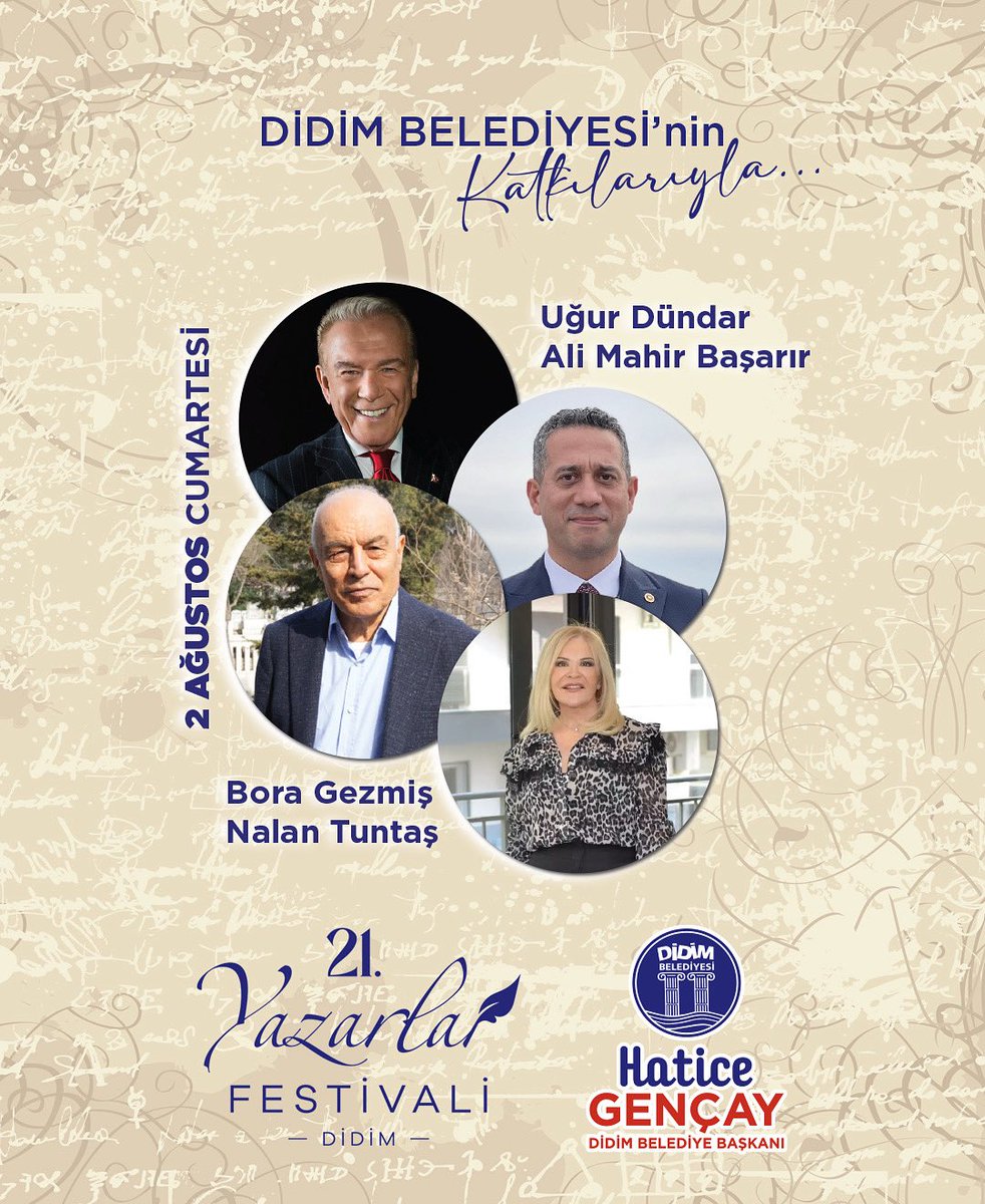 📚 Altınkum’da Edebiyat Dolu Bir Akşam!

CHP Grup Başkanvekili Ali Mahir Başarır, Uğur Dündar, Bora Gezmiş ve Nalan Tuntaş bu akşam #Altınkum’da!

#Didim Belediyesi katkılarıyla düzenlenen 21. Yazarlar Festivali edebiyatseverleri sahilde buluşturuyor.