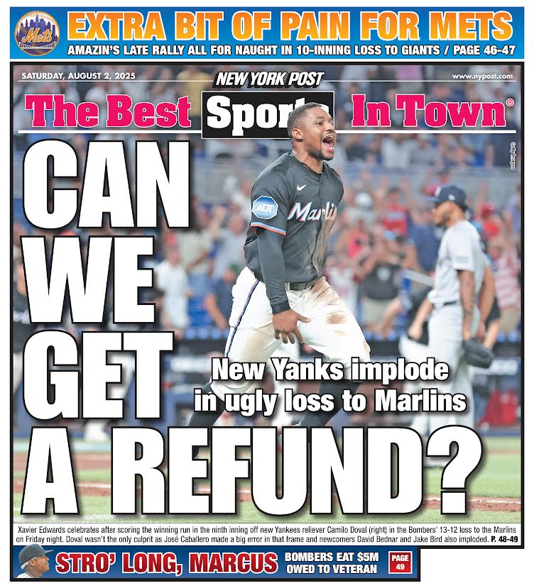 The back page: CAN WE GET A REFUND? 

New Yanks implode in ugly loss to Marlins

Read more: trib.al/DSIBxEN