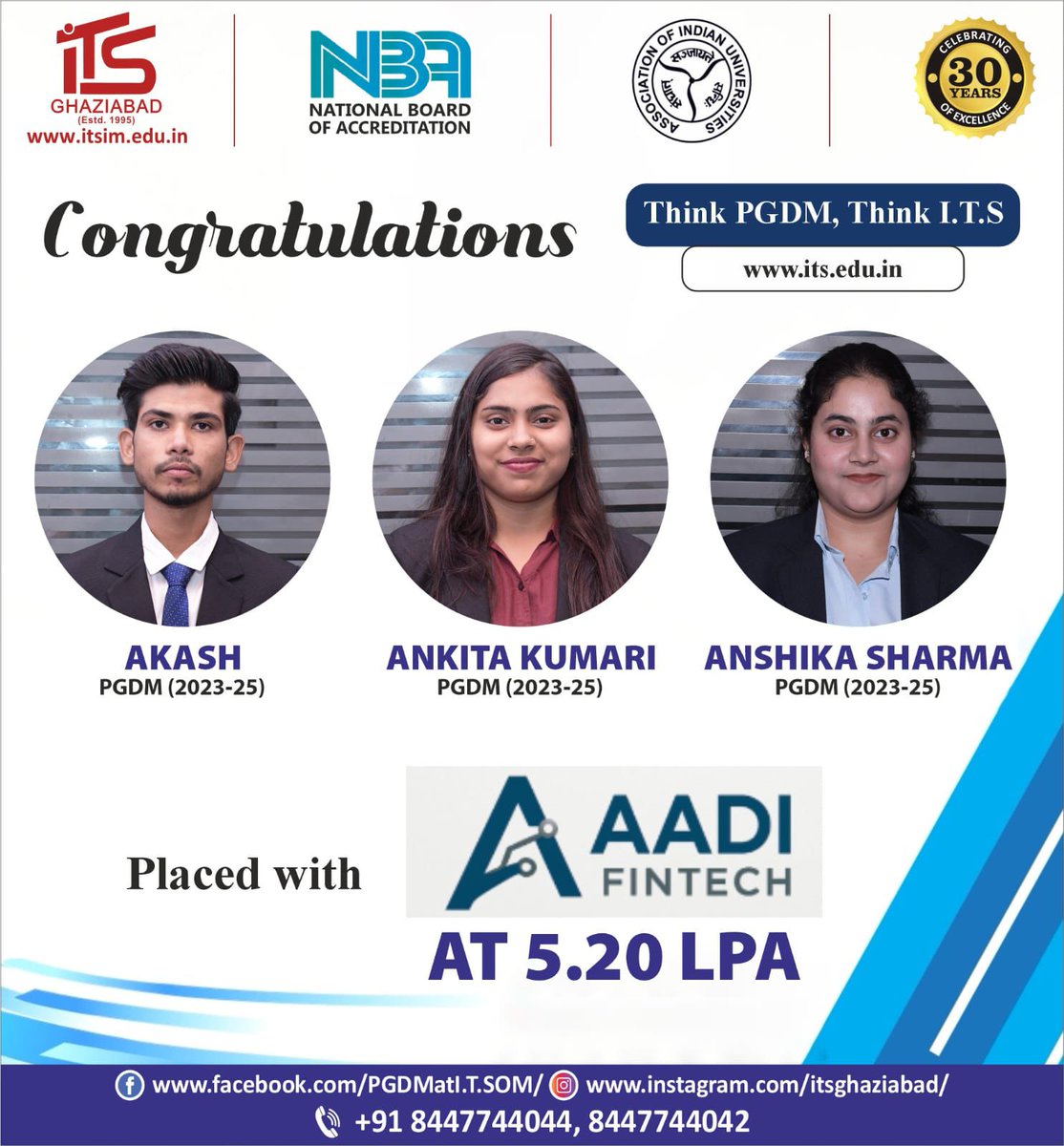 I.T.S School of Management congratulates Akash, Ankita Kumari and Anshika Sharma, students of PGDM Batch 2023–2025, on their successful placement with Aadi Fintech!
Your success is a proud moment for us!

More info: itsim.edu.in