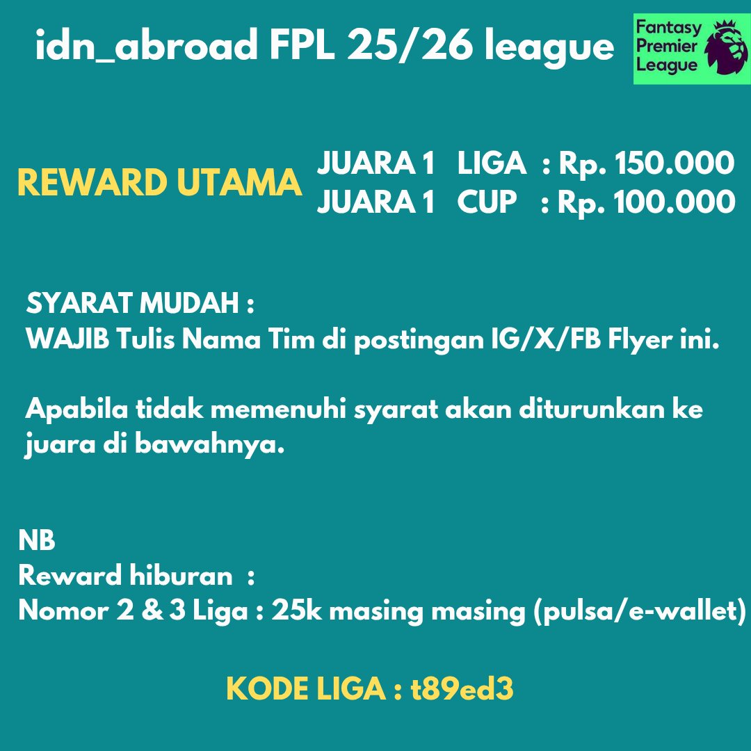 Idn_abroad (@idn_abroad) on Twitter photo Gass para jagoan FPL syarat sangat mudah!
Ijin bang <a href="/pisangij01/">FPL Liga Pisangijo</a>
Kita tutup pendaftaran liga sebelum Matchday 2 yaa
#fpl #fplindonesia Gass para jagoan FPL syarat sangat mudah!
Ijin bang <a href="/pisangij01/">FPL Liga Pisangijo</a>
Kita tutup pendaftaran liga sebelum Matchday 2 yaa
#fpl #fplindonesia