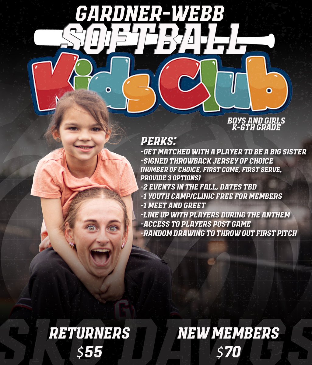 LOOKING FOR YOUR PUPS TO BECOME DAWGS?! JOIN KIDS CLUB 2025-2026 TODAY FOR JUST $55 FOR RETURNERS AND $70 FOR NEW MEMBERS! RECEIVE EXCLUSIVE PERKS DURING THE 25-26 SEASON!!

Visit:
gardner-webb.edu/softball-kids-…