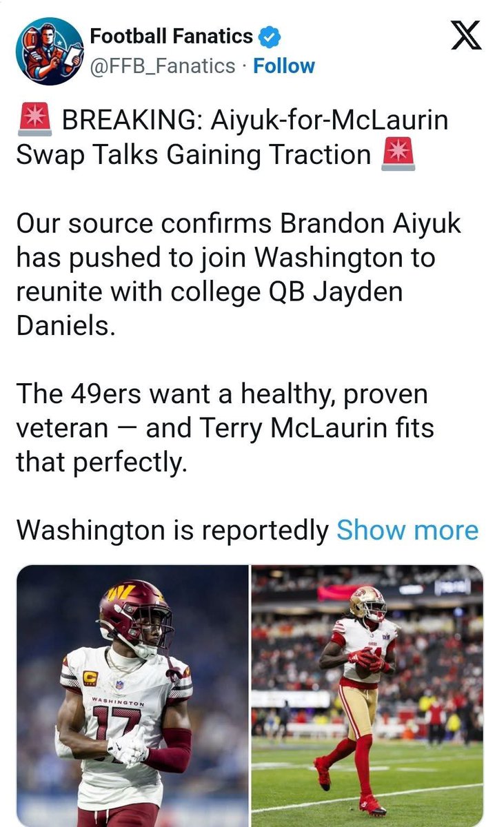 El Poetiiiko (@iampoetiiic) on Twitter photo 🚨🏈BREAKING NEWS🏈🚨
🗣️AIYUK-FOR-MCLAURIN TALKS GAINING TRACTION 👀
#poetiiicperspective : MAKE THIS TRADE HAPEN YESTERDAY ! 🙌🏽
<a href="/Commanders/">Washington Commanders</a> 🙏🏽
#PojReports via FFB_Fanatics
#Mclaurin #Aiyuk #WashingtonCommanders #NFL #NFCEast #Football #Sportsnews 🚨🏈BREAKING NEWS🏈🚨
🗣️AIYUK-FOR-MCLAURIN TALKS GAINING TRACTION 👀
#poetiiicperspective : MAKE THIS TRADE HAPEN YESTERDAY ! 🙌🏽
<a href="/Commanders/">Washington Commanders</a> 🙏🏽
#PojReports via FFB_Fanatics
#Mclaurin #Aiyuk #WashingtonCommanders #NFL #NFCEast #Football #Sportsnews