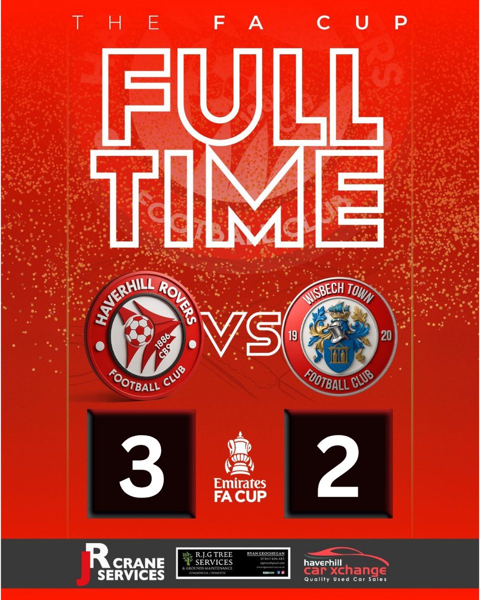 Haverhill Rovers (@haverhillrovers) on Twitter photo Final whistle goes.
3-2 against Wisbech in the <a href="/EmiratesFACup/">Emirates FA Cup</a> with a <a href="/JSeymour8/">James Seymour</a> hat trick, including a penalty on 90+5'!
Away to Ely in a fortnight in the Preliminary Round.
Next up is Dereham away next Saturday.
See you then!
#WeAreRovers Final whistle goes.
3-2 against Wisbech in the <a href="/EmiratesFACup/">Emirates FA Cup</a> with a <a href="/JSeymour8/">James Seymour</a> hat trick, including a penalty on 90+5'!
Away to Ely in a fortnight in the Preliminary Round.
Next up is Dereham away next Saturday.
See you then!
#WeAreRovers