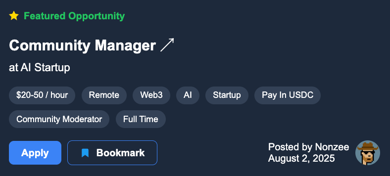 I’m hiring now!

I’m building a team for an innovative web3 AI startup backed by over $12M in funding, and I’m looking for community managers to join us.

- Full-time: 40 hours/week.
- No prior experience required—we’ll train you every step of the way.
- Earn $1,150 to $2,200