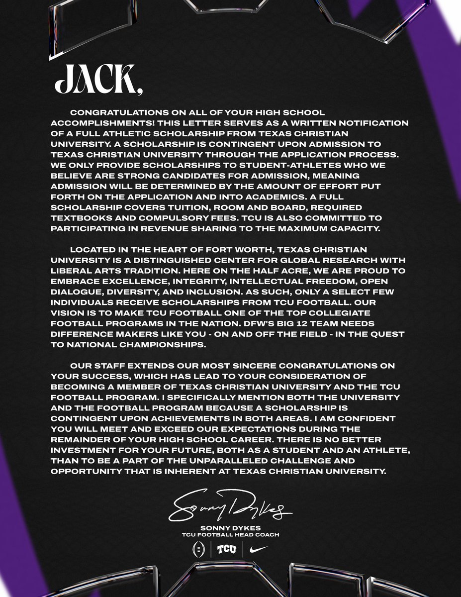 Jack Daulton (@jackdaulton12) on Twitter photo Extremely blessed to receive my Official Offer from TCU, ready to get back home to #FunkyTown🐸 this Fall!
<a href="/CoachSonnyDykes/">Sonny Dykes</a> <a href="/kendalbriles/">Kendal Briles</a> <a href="/TCUFootball/">TCU Football</a> Extremely blessed to receive my Official Offer from TCU, ready to get back home to #FunkyTown🐸 this Fall!
<a href="/CoachSonnyDykes/">Sonny Dykes</a> <a href="/kendalbriles/">Kendal Briles</a> <a href="/TCUFootball/">TCU Football</a>