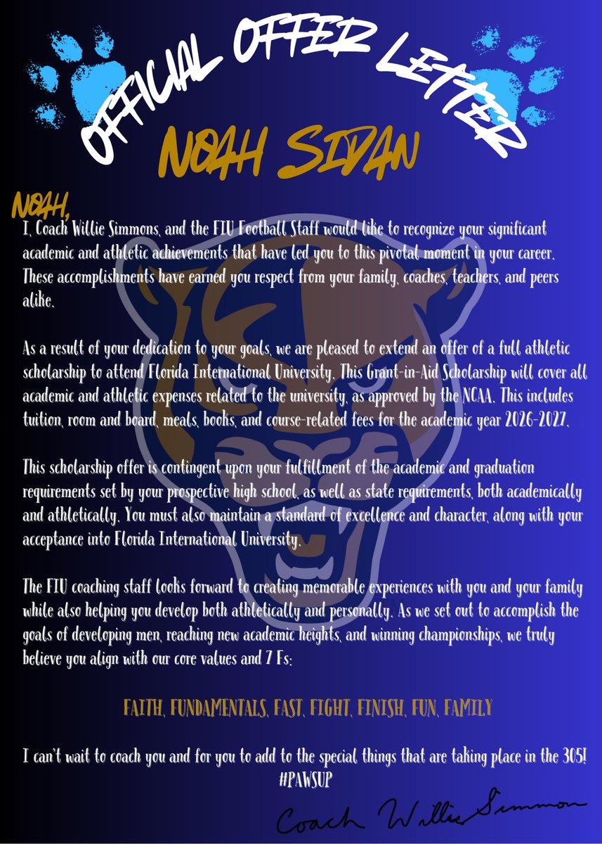 NOAH SIDAN (@noahsidan) on Twitter photo Blessed and honored to receive my Official offer from <a href="/HCWillieSimmons/">Coach Willie Simmons</a> and <a href="/FIUFootball/">FIU Football</a> <a href="/KennethGilstrap/">Kenneth Gilstrap II.</a>
Dále! #PawsUp Blessed and honored to receive my Official offer from <a href="/HCWillieSimmons/">Coach Willie Simmons</a> and <a href="/FIUFootball/">FIU Football</a> <a href="/KennethGilstrap/">Kenneth Gilstrap II.</a>
Dále! #PawsUp