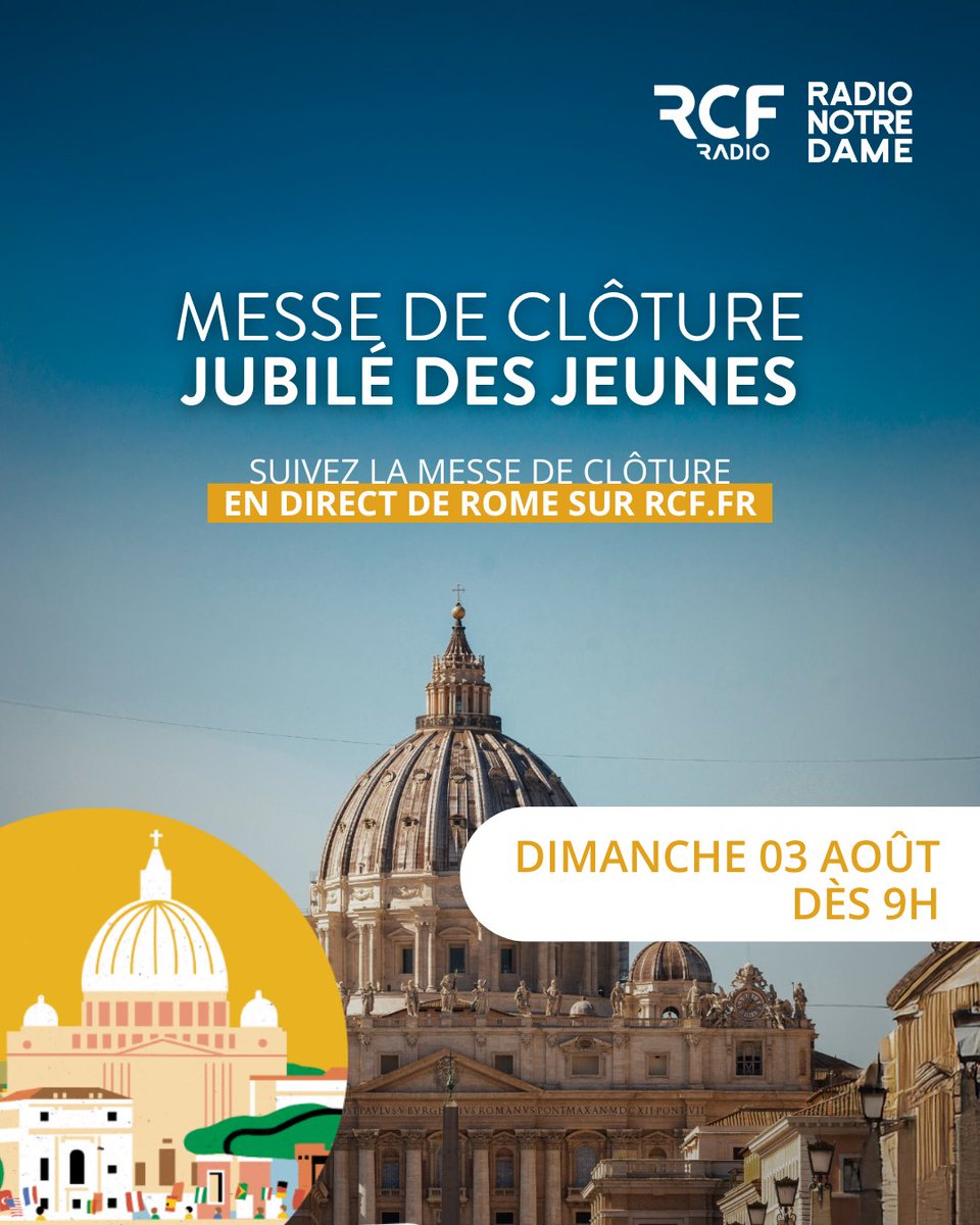 📆 Ce dimanche 3 août, suivez la messe de clôture du Jubilé des jeunes dès 9h en direct sur RCF et Radio Notre Dame !

🔗 Rendez-vous dès demain 9h sur rcf.fr ou en direct à la radio 📻

#jubilédesjeunes #rome #messe