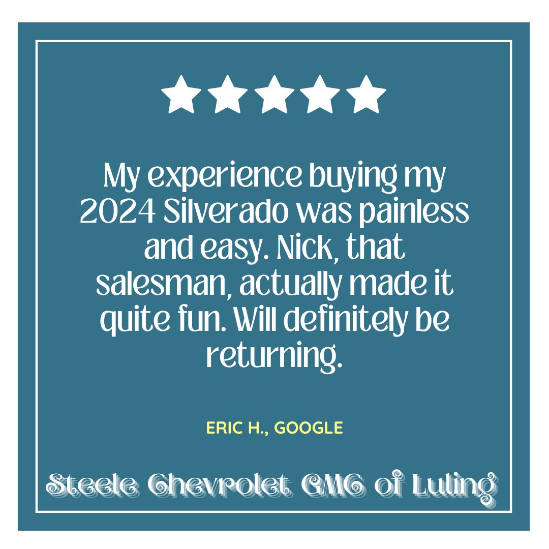 LulingChevrolet's tweet image. Eric, thank you for sharing your experience! We’re thrilled to hear that buying your 2024 Silverado was painless and easy, and that Nick made the process fun. We look forward to seeing you again for your next visit!