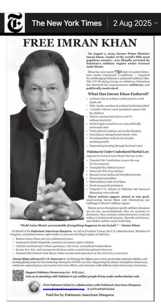Jibran Ilyas (@agentjay2009) on Twitter photo Big News: Full page Op-Ed published in New York Times (<a href="/nytimes/">The New York Times</a>) that talks about 731 days of illegal incarceration of Imran Khan with details on how much tyranny he had to endure in jail on orders of Asim Munir. Overseas Pakistanis still very successful in raising voice for IK! Big News: Full page Op-Ed published in New York Times (<a href="/nytimes/">The New York Times</a>) that talks about 731 days of illegal incarceration of Imran Khan with details on how much tyranny he had to endure in jail on orders of Asim Munir. Overseas Pakistanis still very successful in raising voice for IK!