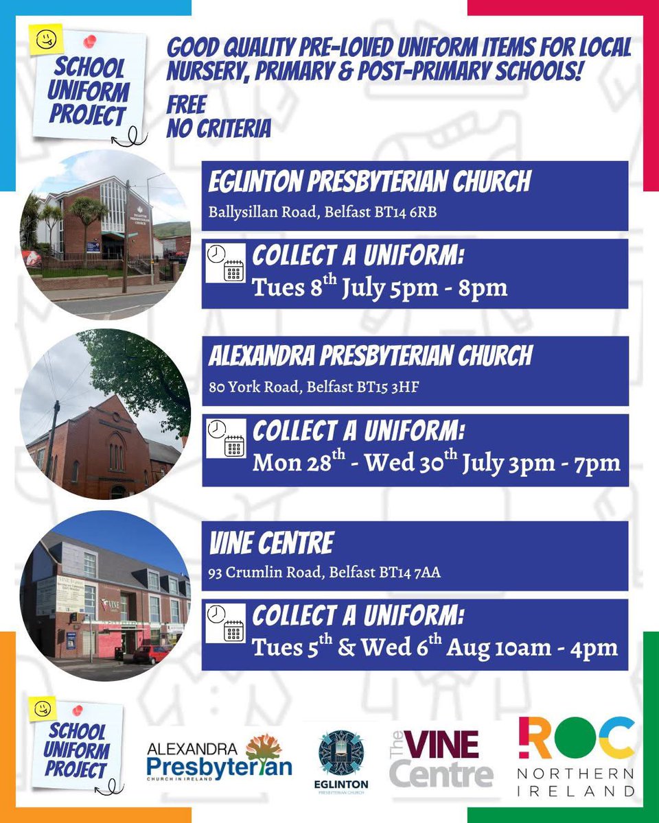 ROC NI (@roc_ni) on Twitter photo We are delighted to be running a School Uniform Project on Tuesday 5th Wednesday 6th August 10am - 4pm Preloved uniforms dropped off at Vine Centre 9am - 3pm. For more information please contact either Elizabeth eanderson@vinecentre.org or the ROC Office on 02890351020. We are delighted to be running a School Uniform Project on Tuesday 5th Wednesday 6th August 10am - 4pm Preloved uniforms dropped off at Vine Centre 9am - 3pm. For more information please contact either Elizabeth eanderson@vinecentre.org or the ROC Office on 02890351020.