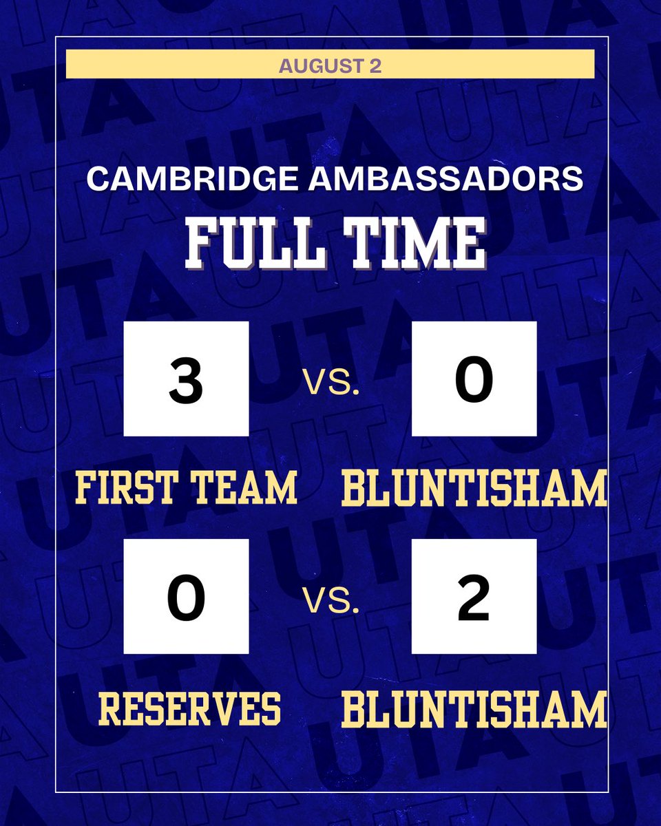 Cambridge Ambassadors (@cambambassadors) on Twitter photo Full time 💙
The first team won 3-0 with some great football played and really controlled the game.
Reserves lose 2-0 but still some very good football played and plenty of new players getting some minutes.
Well done to everyone, and good luck for the season <a href="/BluntishamFC/">Bluntisham Rangers</a> Full time 💙
The first team won 3-0 with some great football played and really controlled the game.
Reserves lose 2-0 but still some very good football played and plenty of new players getting some minutes.
Well done to everyone, and good luck for the season <a href="/BluntishamFC/">Bluntisham Rangers</a>