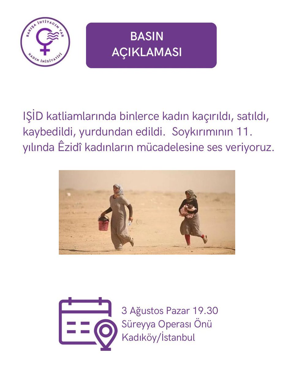 Kadın Savunması (@kadinsavunmasi2) on Twitter photo 📍 İstanbul
Êzidi Soykırımı'nın 11.yılında buluşuyoruz.
IŞİD katliamlarında binlerce kadın kaçırıldı, satıldı, kaybedildi, yurdundan edildi. Soykırımın 11.yılında Êzidi kadınların mücadelesine ses veriyoruz.
<a href="/inisiyatif2025/">Barışa İhtiyacım Var Kadın İnisiyatifi</a> 📍 İstanbul
Êzidi Soykırımı'nın 11.yılında buluşuyoruz.
IŞİD katliamlarında binlerce kadın kaçırıldı, satıldı, kaybedildi, yurdundan edildi. Soykırımın 11.yılında Êzidi kadınların mücadelesine ses veriyoruz.
<a href="/inisiyatif2025/">Barışa İhtiyacım Var Kadın İnisiyatifi</a>