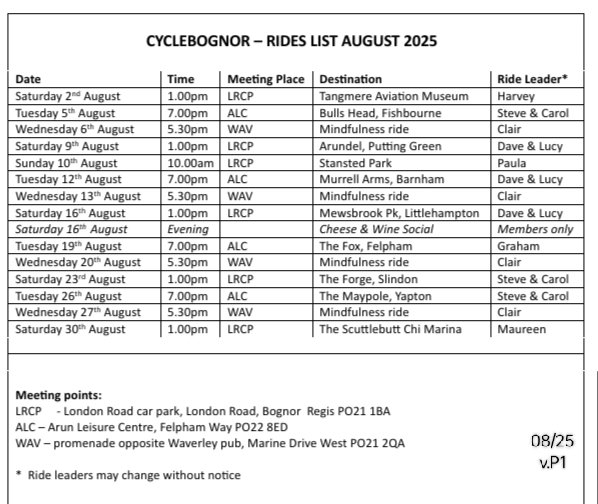 cyclebognor's tweet image. Our August schedule