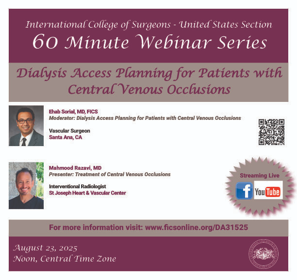 Next educational webinar from <a href="/ICSUSS/">International College of Surgeons - US Section</a> will focus on Dialysis Access with central venous occlusion. The conversation will be with facilitated by <a href="/StanfordSurgery/">Stanford Surgery</a> vascular surgeon <a href="/ehabsorial/">Ehab Sorial</a> with Dr. Mehmood Razavi serving as the presenter
youtube.com/live/OZsuNE9XO…