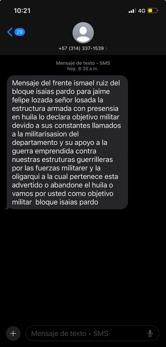 Jaime Felipe Lozada (@jaimeflozada) on Twitter photo Pongo en conocimiento de las autoridades este mensaje que recibí a mi número telefónico. Le solicito a la <a href="/FiscaliaCol/">Fiscalía Colombia</a> y a la <a href="/PoliciaColombia/">Policía de Colombia</a> que adelante las investigaciones correspondientes, y a la <a href="/UNPColombia/">Unidad Nacional de Protección, UNP.</a> que fortalezca mis medidas de protección.
Qué pensar distinto no Pongo en conocimiento de las autoridades este mensaje que recibí a mi número telefónico. Le solicito a la <a href="/FiscaliaCol/">Fiscalía Colombia</a> y a la <a href="/PoliciaColombia/">Policía de Colombia</a> que adelante las investigaciones correspondientes, y a la <a href="/UNPColombia/">Unidad Nacional de Protección, UNP.</a> que fortalezca mis medidas de protección.
Qué pensar distinto no
