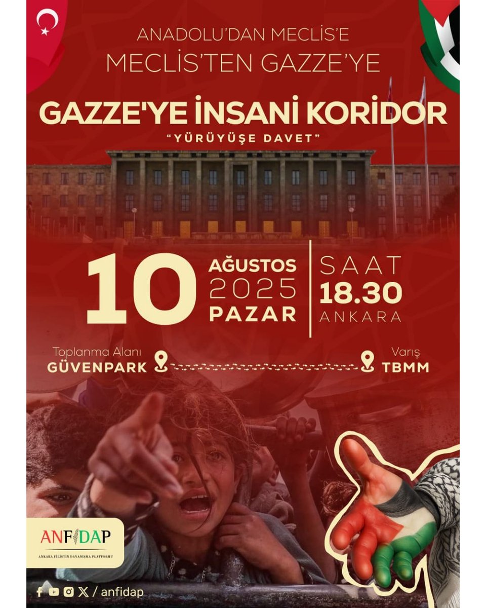 MAZLUMDER Ankara Şubesi (@mazlumdera) on Twitter photo Yürüyüşe Davet
Anadolu'dan Meclis'e Meclis'ten Gazze'ye İnsani Koridor
Anadolu'yu savunan Gazze açlıktan ölüyor. Milli iradenin merkezi olan T.B.M.M'ye ve tüm siyasi partilere insani sorumluluğunu hatırlatıyor, Gazze'ye acilen insani koridor açılması talebiyle Meclis'e Yürüyüşe Davet
Anadolu'dan Meclis'e Meclis'ten Gazze'ye İnsani Koridor
Anadolu'yu savunan Gazze açlıktan ölüyor. Milli iradenin merkezi olan T.B.M.M'ye ve tüm siyasi partilere insani sorumluluğunu hatırlatıyor, Gazze'ye acilen insani koridor açılması talebiyle Meclis'e