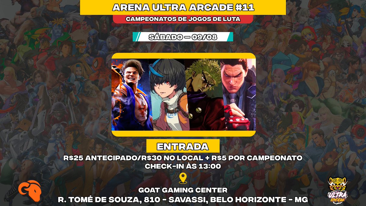 Abrindo o mês de Agosto, temos nosso Arena Ultra Arcade #11! 

Dessa vez, na unidade da Savassi!
Dizem por aí que vai ter a presença ilustre de alguém...... eu não perderia!

Inscreva-se em start.gg/arenaua11