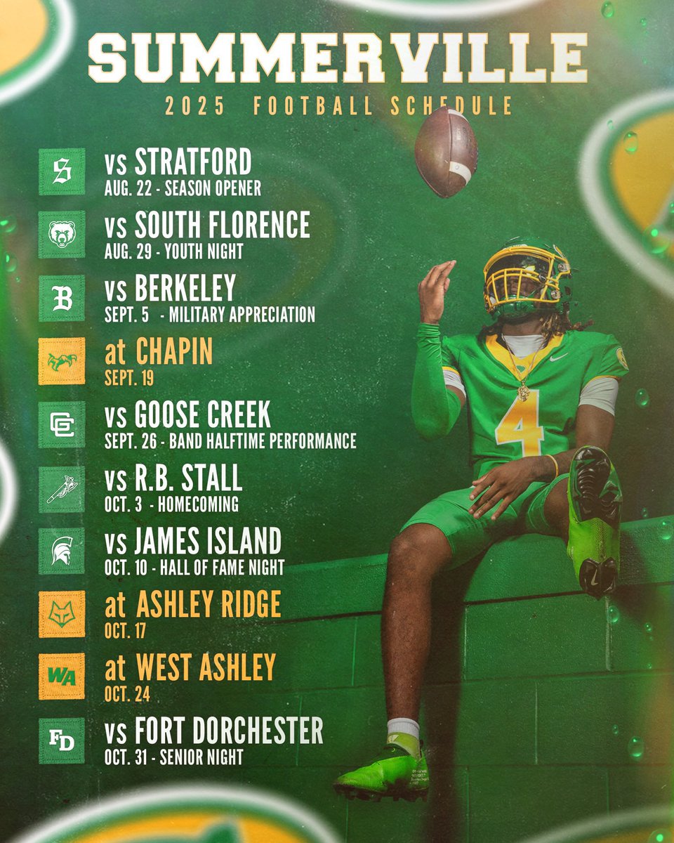 Summerville Football Recruiting (@summervillefbrc) on Twitter photo Coaches, when in the Lowcountry on those fall Friday nights, swing by and watch <a href="/SummervilleFB/">Summerville Football</a> to find the players that will elevate your program.
Don’t miss out!! Check out the schedule below👇 Coaches, when in the Lowcountry on those fall Friday nights, swing by and watch <a href="/SummervilleFB/">Summerville Football</a> to find the players that will elevate your program.
Don’t miss out!! Check out the schedule below👇
