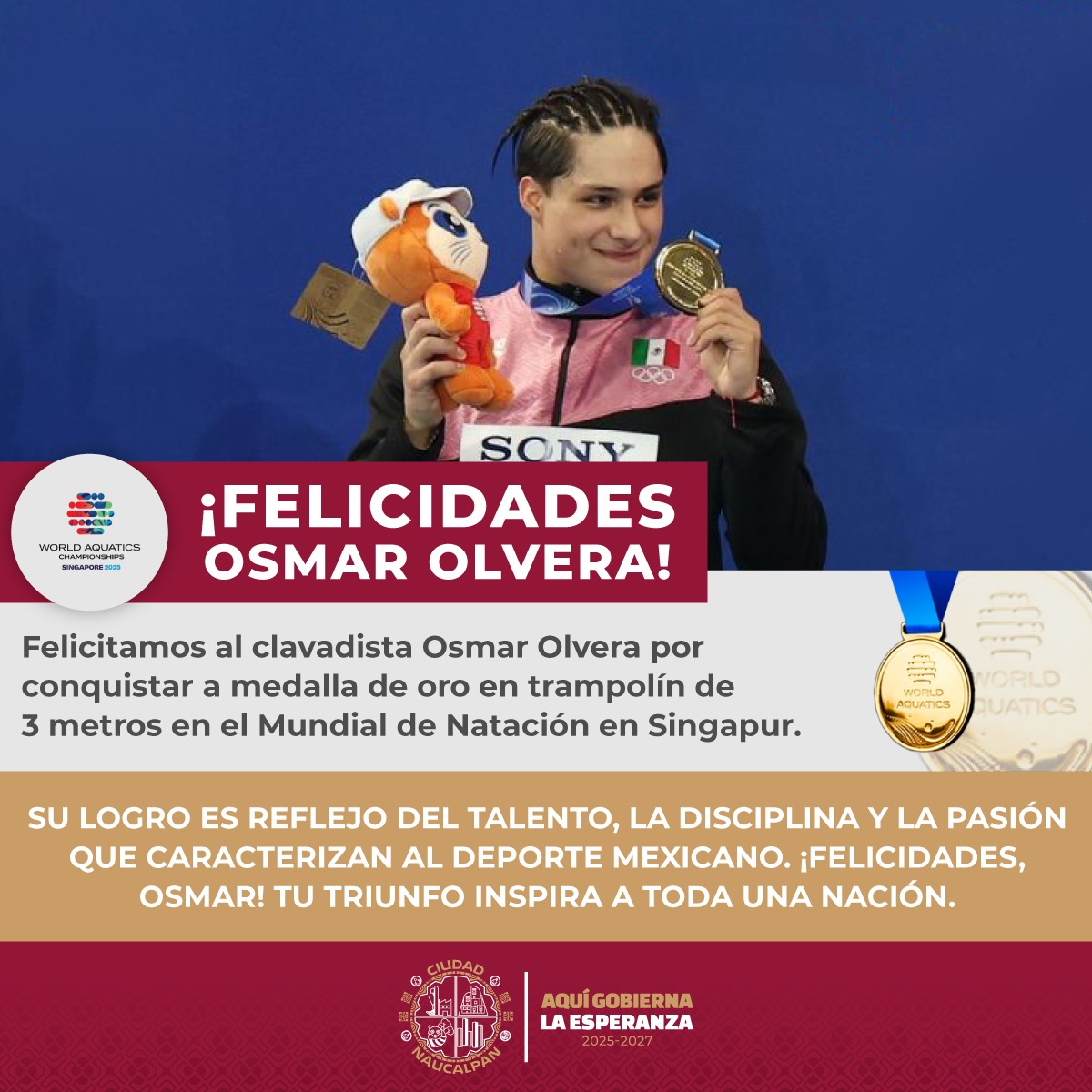 Desde el Gobierno de Naucalpan felicitamos con orgullo a Osmar Olvera por su medalla de oro 🥇 en trampolín de 3m en el Mundial de Natación en Singapur.
 
¡Gracias por inspirar a México y representar con grandeza al deporte nacional! 🇲🇽

#OrgulloMexicano #NaucalpanConElDeporte