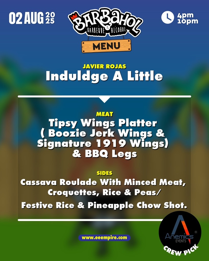 EEEmpire's tweet image. Javier Rojas - Indulge A Little

🍗🔥 Tipsy Wings + BBQ Legs? Say less.

Javier’s bringing Boozie Jerk Wings, 1919 Wings &amp;amp; more - with Cassava Roulade, Croquettes, Rice &amp;amp; Peas, and a Pineapple Chow Shot 🍍🥂.

This Anemics Crew Pick

Aug 2nd, one bite &amp;amp; you’ll be hooked 😤🔥
