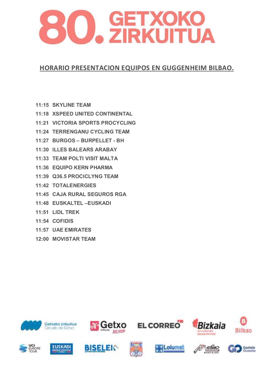 CircuitoGetxo's tweet image. Biharko taldeen aurkezpenaren ordena.
Bilboko Guggenheim Museotik.

Txirrindularitzaren jaia hastear dago.

Este será el orden de la presentación de equipos de mañana domingo.
¡Que empiece la fiesta del ciclismo!

#80GZ #80CircuitoGetxo