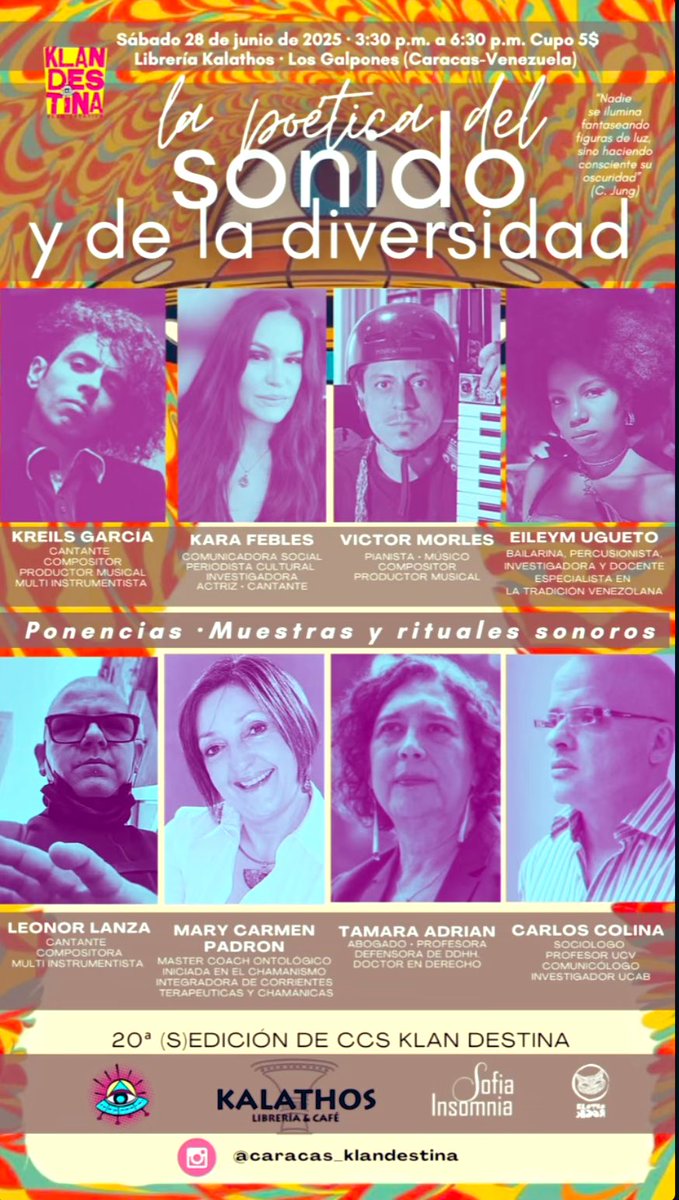 #charla La poética del sonido y la diversidad - en su 20 edición de Caracas Klandestina, la naturaleza transformadora y senadora del Sonido y de la disimilitud - hoy sábado 2 en <a href="/KalathosLibros/">Librería & Café Kálathos</a> en los Galpones con excelentísimos invitados a partir de las 3:30 pm