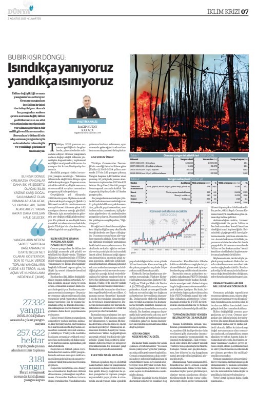 İklim değişikliği orman yan­gınlarını artırıyor. Orman yan­gınları ise iklim krizini derinleş­tiriyor. Bu kısır döngü kırılmazsa yangınlar daha sık ve daha şid­detli olacak, iklim krizine karşı doğal savunmamız olan orman­lar azalacak, su kaynakları, tarım alanları ve yaban