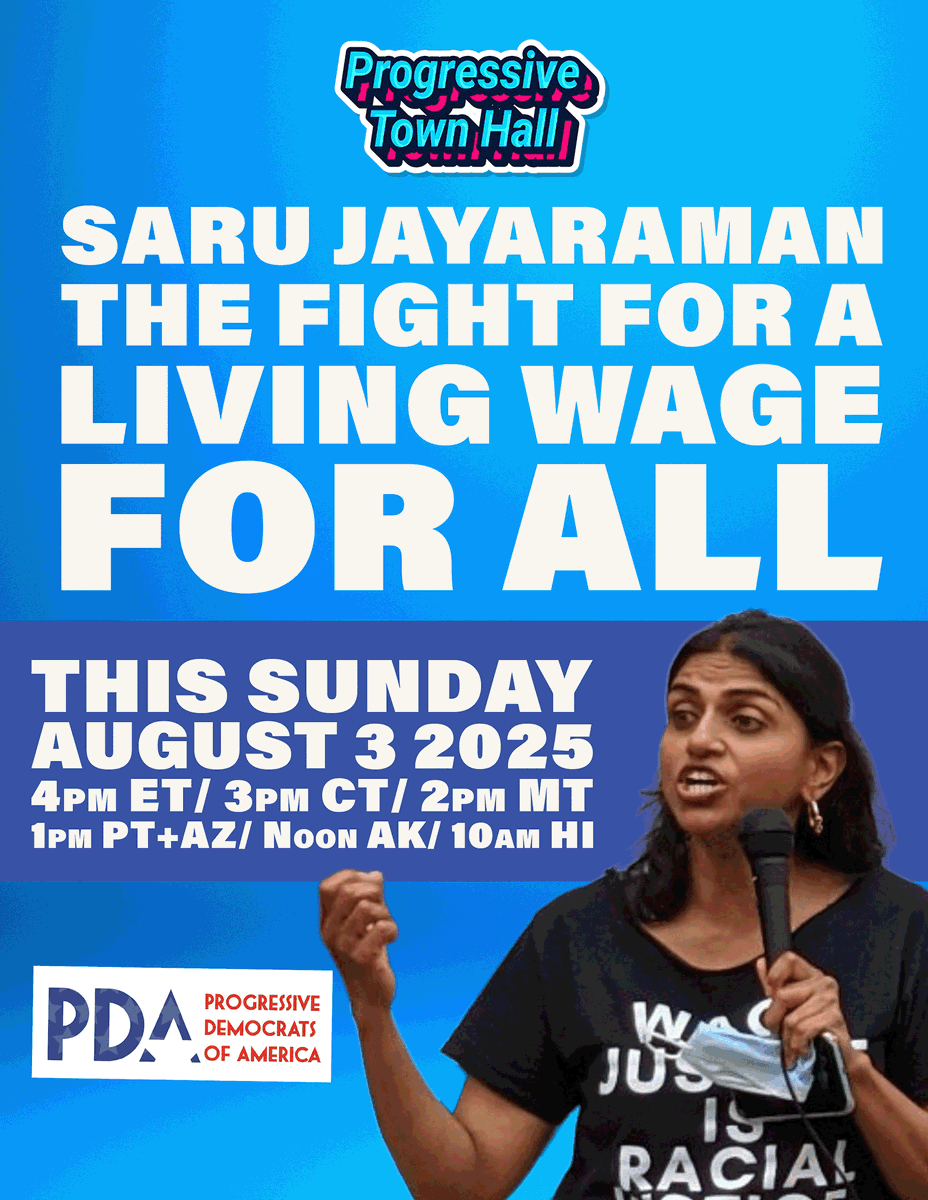 pdamerica's tweet image. Join us on Zoom tomorrow for our weekly Progressive Town Hall. Our guest this week is Saru Jayaraman, an American attorney, author, and activist. She is an advocate for fair wages for service workers in the United States.
@SaruJayaraman 

Register here: bit.ly/PDA-TownHallRS…