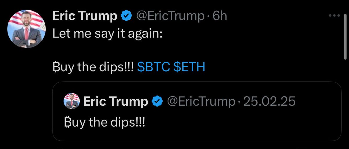 Simon (@sjdedic) on Twitter photo I hate to admit it, but <a href="/EricTrump/">Eric Trump</a> was right before and he’ll be right again.
Buy the dips. I hate to admit it, but <a href="/EricTrump/">Eric Trump</a> was right before and he’ll be right again.
Buy the dips.