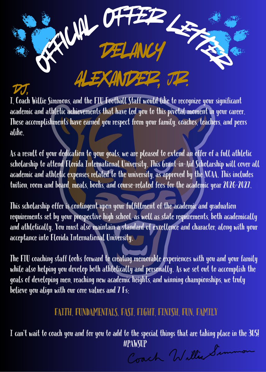 D J ALEXANDER (@djalexander1102) on Twitter photo Blessed and Honored to receive my “Official Offer/Letter to the 305!” 🐾🆙🐆
"Give thanks in all circumstances!” 🙏🏿
1 Thessalonians 5:18
<a href="/HCWillieSimmons/">Coach Willie Simmons</a>
<a href="/QB_CoachColeman/">Nick Coleman</a>
<a href="/raisingchamps_/">Raising Champions</a>
<a href="/_KDFletcher/">KD</a>
<a href="/Odowns/">Olten Downs</a>
<a href="/fiuFBupdates/">FIU Football Updates</a> Blessed and Honored to receive my “Official Offer/Letter to the 305!” 🐾🆙🐆
"Give thanks in all circumstances!” 🙏🏿
1 Thessalonians 5:18
<a href="/HCWillieSimmons/">Coach Willie Simmons</a>
<a href="/QB_CoachColeman/">Nick Coleman</a>
<a href="/raisingchamps_/">Raising Champions</a>
<a href="/_KDFletcher/">KD</a>
<a href="/Odowns/">Olten Downs</a>
<a href="/fiuFBupdates/">FIU Football Updates</a>
