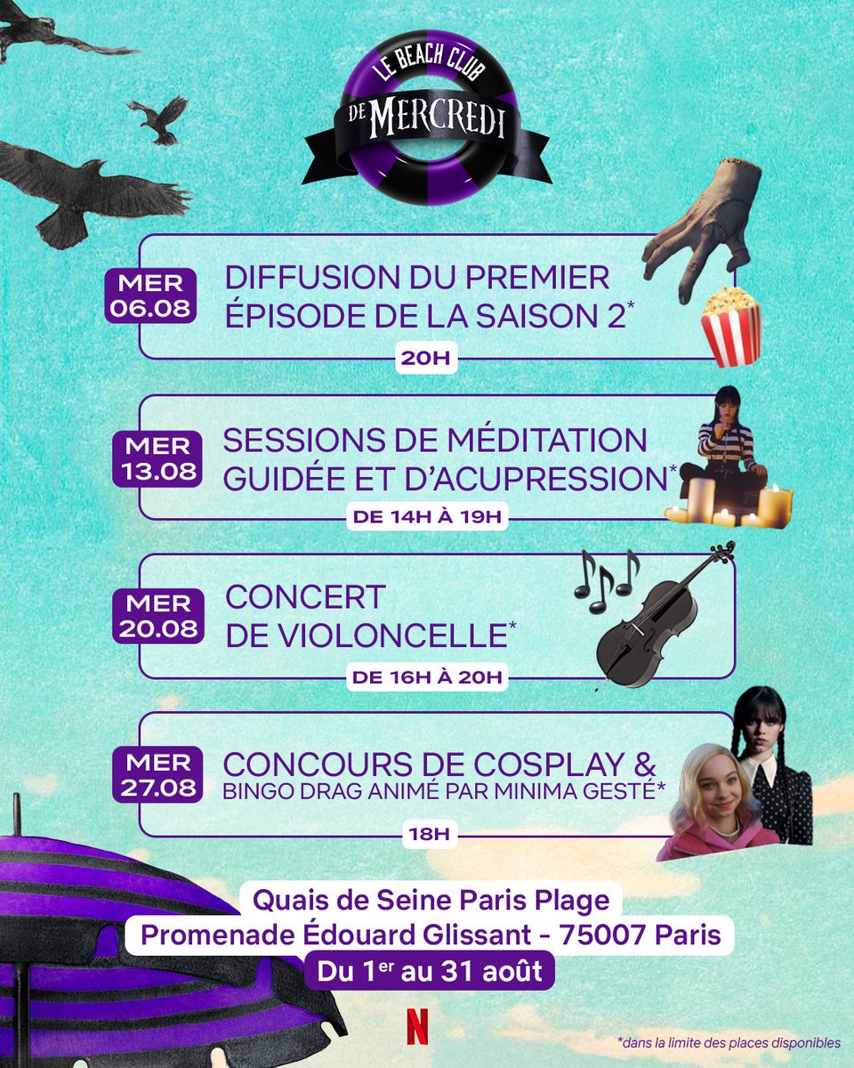 Enfin un endroit où reposer en paix.

Voici le programme du Beach Club le plus mortel de Paris. Ouvert du 1er au 31 août de 10h à 19h et les mercredis de 10h à 22h. Entrée gratuite. 🖤