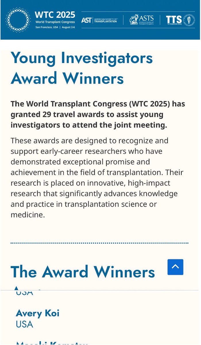 Avery_Koi's tweet photo. Looking forward to WTC 2025 and grateful to have received the Young Investigator Award for my project on HIV+ liver transplant recipients! https://t.co/0paOU9UZwV