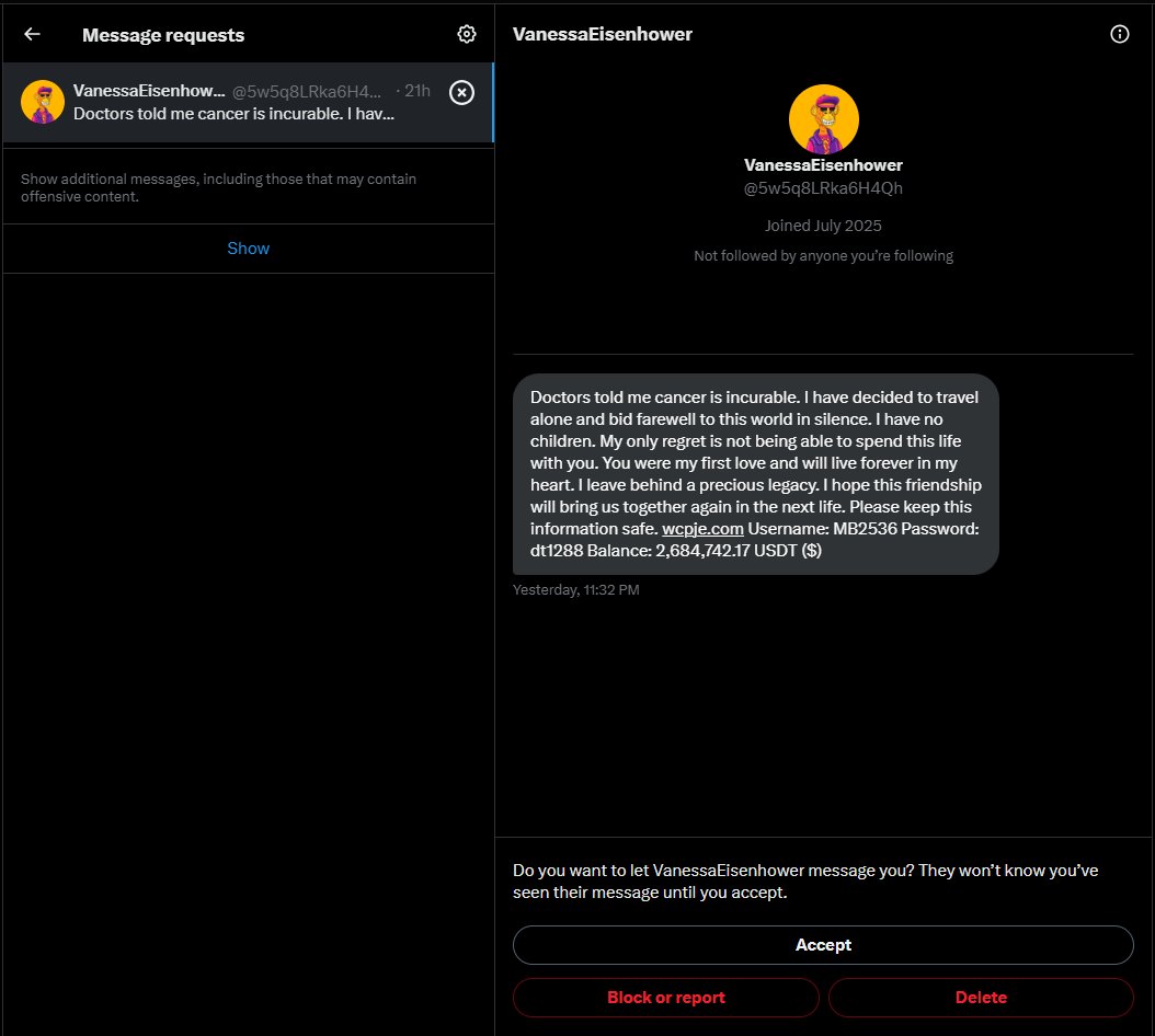 thejoy02's tweet photo. When life gives you cancer, give strangers $2.6M in USDT and a website link that screams SCAM louder than my Monday alarm. https://t.co/rCZb14YS7w