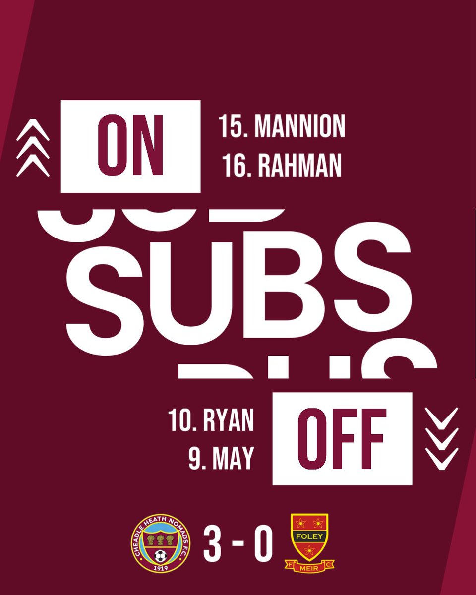 Cheadle Heath Nomads (@cheadlenomads) on Twitter photo ⏱️80’
Double substitution for Nomads
<a href="/CheadleNomads/">Cheadle Heath Nomads</a> 3-0 <a href="/foley_fc/">Foley Meir FC</a>
#WeAreNomads | <a href="/nwcfl/">The NWCFL ⚽️</a> ⏱️80’
Double substitution for Nomads
<a href="/CheadleNomads/">Cheadle Heath Nomads</a> 3-0 <a href="/foley_fc/">Foley Meir FC</a>
#WeAreNomads | <a href="/nwcfl/">The NWCFL ⚽️</a>