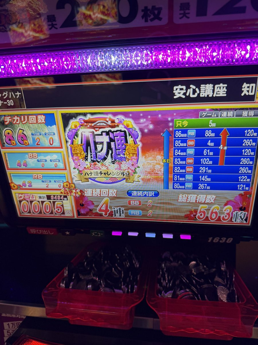rakeru1002's tweet photo. 今日は15時に仕事終わったから久々ハナ活動🌺
ハナコーナーに着いた瞬間ほぼ6だろって台が
空いて後ツモさせてもらいやした🤣

バケフラ🟦1🟨2🟩1🟥1
レインボーだけ引けず🏳️‍🌈笑

投資46枚回収4120枚でうまうま💦 https://t.co/dybYZUR9ho