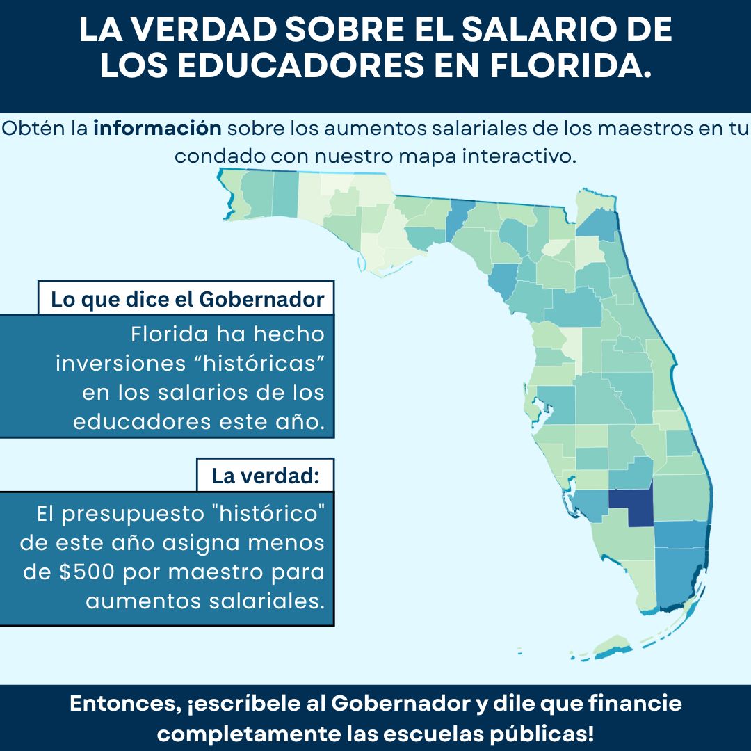 Si Florida queda debiendo a los maestros, los estudiantes sienten el impacto. @FLGovRonDeSantis afirma que hay  financiación “histórica”, pero el presupuesto incluye menos de $500 por maestro. Obtén los datos de tu condado con nuestro mapa interactivo ➡️ bit.ly/4fjbPN6