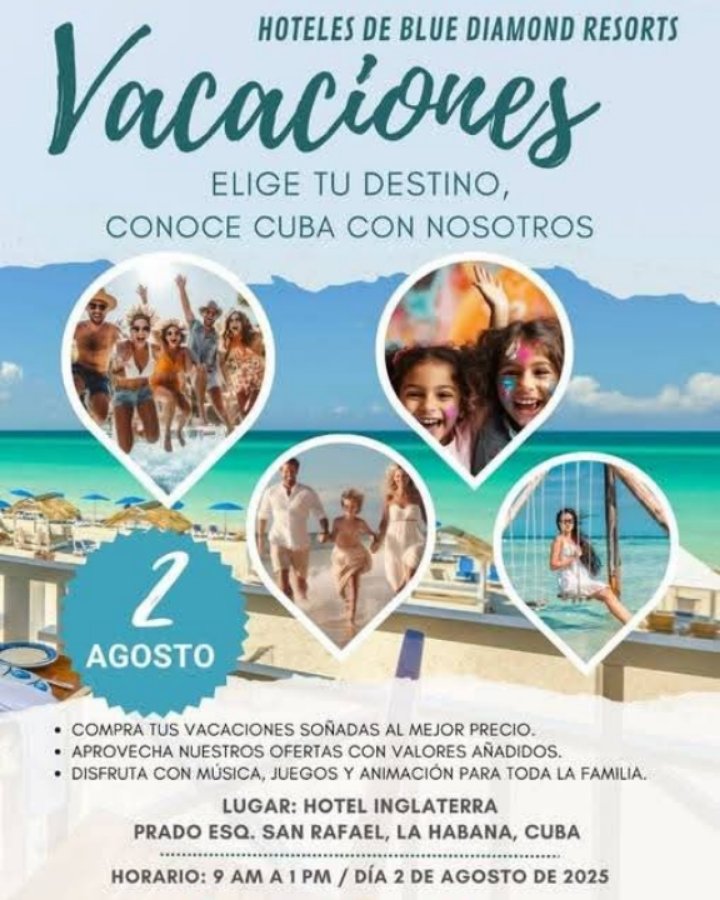 ¡EL OUTLET BLUE DIAMOND RESORTS ESTÁ EN MARCHA!🔥  
📅 Sábado 02 de agosto
📍 Hotel Inglaterra (calle San Rafael) ¡Música, juegos, animación y descuentos ESPECTACULARES!  
 ¿Aún no has reservado tus vacaciones soñadas?¡Corre, los precios exclusivos se agotan!
#ElDestinoEresTú