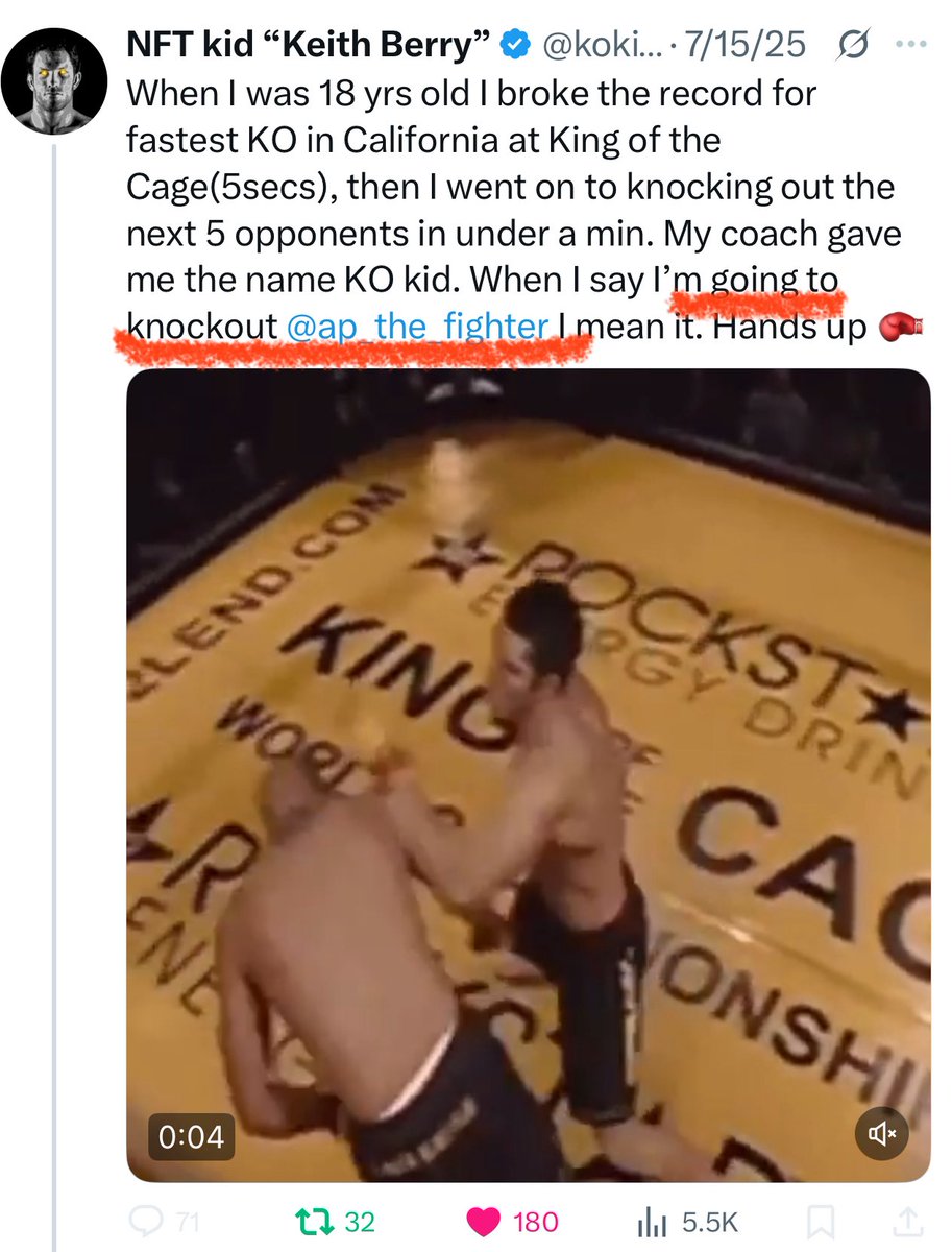 <a href="/ap_the_fighter/">ap_the_fighter</a> <a href="/kokid951/">NFT kid “Keith Berry”</a> <a href="/CryptoFightWeek/">Crypto Fight Week</a> <a href="/MarcFlameZ/">MarcFlameZ</a> <a href="/AST_ute/">Angus</a> <a href="/PGSports/">PG Sports</a> <a href="/rahuulrsuri/">Rahul Suri</a> <a href="/RoyalTpromos/">Royalty Promotions</a> KO Kid says he’s gonna Knockout AP, guess we’ll have to see👊🔥