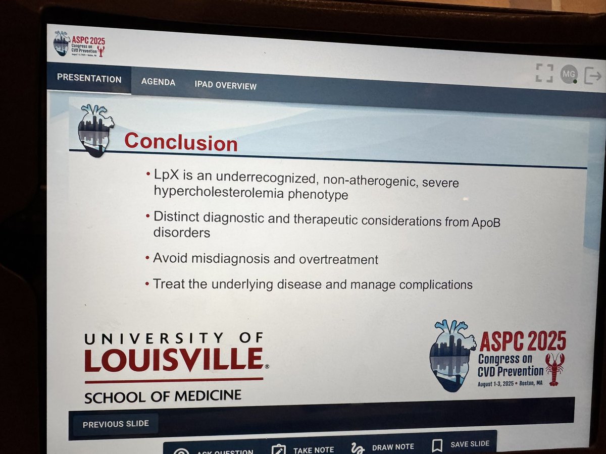 Dr. Martha Gulati ♥️🫀❤️🩹🇨🇦 (@drmarthagulati) on Twitter photo Dr. Matthew Shotwell presenting at #ASPC2025 #earlycareer
✨Lipoprotein X: severe hyperchol without atherosclerosis 
🫀LpX: assoc with cholestatic ds 
🫀lacks apoB, albumin rich core, ⤴️ phospholipids
🫀Hyperviscosity common
🫀tx: plasma exchange & tx underlying cause Dr. Matthew Shotwell presenting at #ASPC2025 #earlycareer
✨Lipoprotein X: severe hyperchol without atherosclerosis 
🫀LpX: assoc with cholestatic ds 
🫀lacks apoB, albumin rich core, ⤴️ phospholipids
🫀Hyperviscosity common
🫀tx: plasma exchange & tx underlying cause